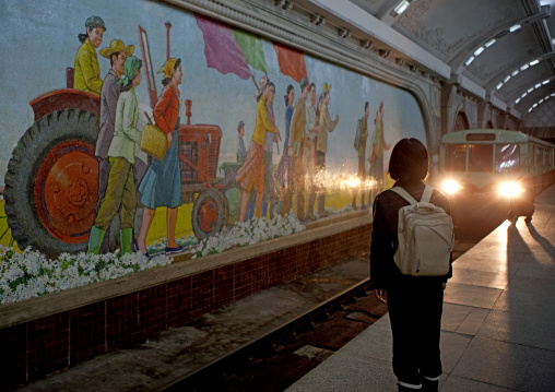 North Korean woman waiting in puhung subway station, Pyongan Province, Pyongyang, North Korea