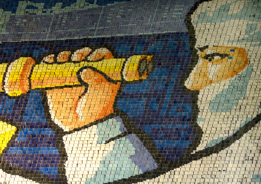 North Korean scientist made by children pixels holding up colored boards during Arirang mass games in may day stadium, Pyongan Province, Pyongyang, North Korea