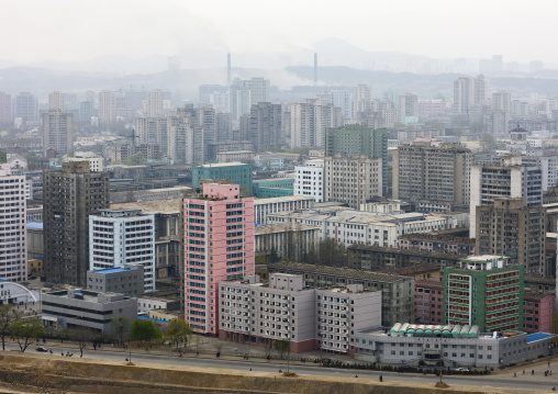 High angle view of buildings in the city center, Pyongan Province, Pyongyang, North Korea