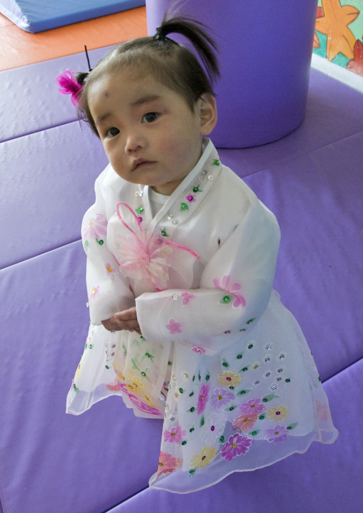 North Korean girl dressed in choson-ot in an orphanage, South Pyongan Province, Nampo, North Korea
