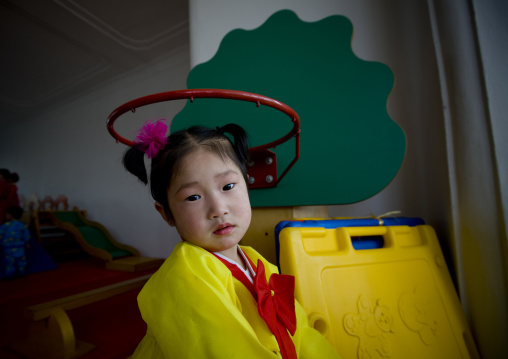 North Korean girl dressed in choson-ot in an orphanage, South Pyongan Province, Nampo, North Korea