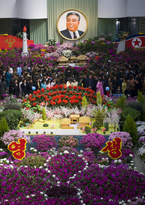 Kim il Sung portrait in the international Kimilsungia and Kimjongilia festival, Pyongan Province, Pyongyang, North Korea