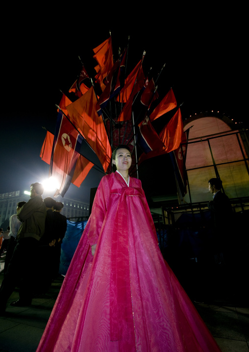 North Korean artists during a mass dance to celebrate april 15 the birth anniversary of Kim Il-sung on Kim il Sung square, Pyongan Province, Pyongyang, North Korea