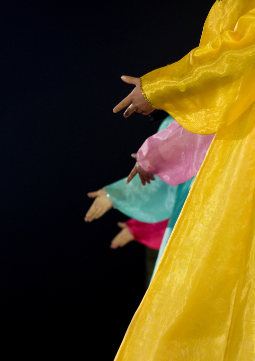 North Korean artists during a mass dance to celebrate april 15 the birth anniversary of Kim Il-sung on Kim il Sung square, Pyongan Province, Pyongyang, North Korea