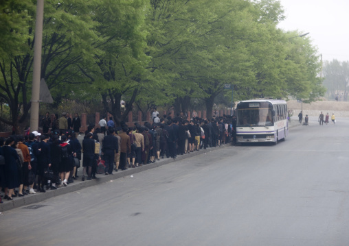 North Korean people queueing in the street to take a bus, Pyongan Province, Pyongyang, North Korea