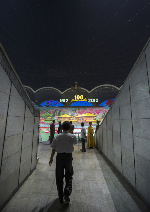 North Korean man going inside may day stadium for the Arirang mass games, Pyongan Province, Pyongyang, North Korea