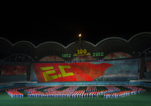 Panoramic view of the Arirang mass games with North Korean performers in may day stadium, Pyongan Province, Pyongyang, North Korea