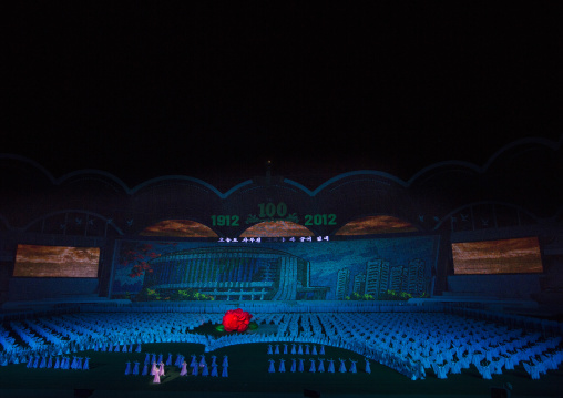 Panoramic view of the Arirang mass games with North Korean performers in may day stadium, Pyongan Province, Pyongyang, North Korea