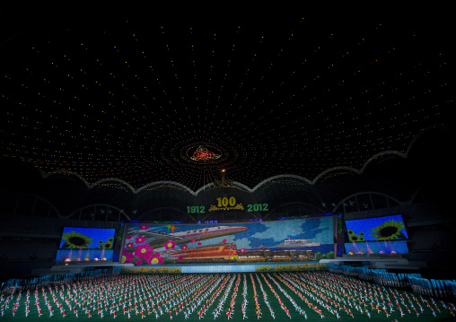 Panoramic view of the Arirang mass games with North Korean performers in may day stadium, Pyongan Province, Pyongyang, North Korea