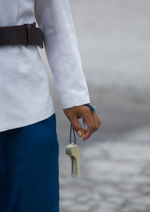 North Korean male traffic security officer in white uniform in the street, North Hwanghae Province, Kaesong, North Korea