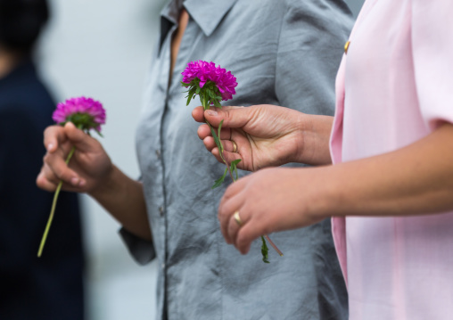 North Korean people bringing flowers to pay respect to the Leaders in Mansudae art studio, Pyongan Province, Pyongyang, North Korea