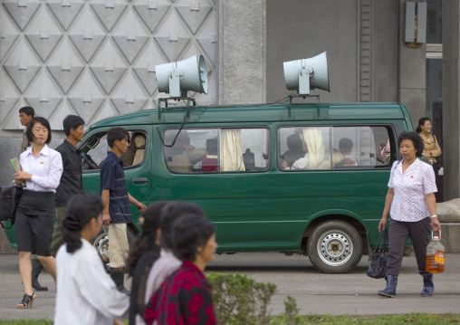 Propaganda car with loudspeakers in the street, Pyongan Province, Pyongyang, North Korea