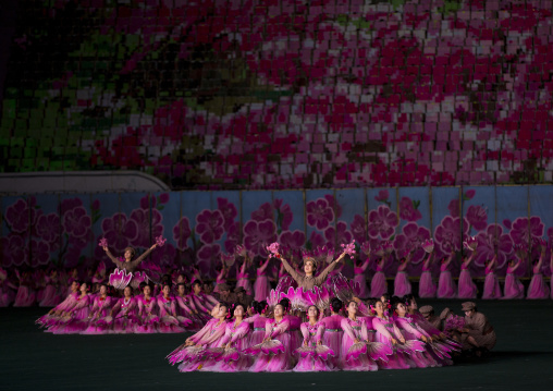 North Korean women dancing in choson-ot during the Arirang mass games in may day stadium, Pyongan Province, Pyongyang, North Korea