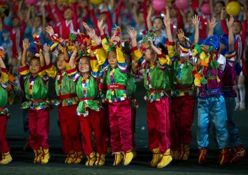 North Korean children performing during the Arirang mass games in may day stadium, Pyongan Province, Pyongyang, North Korea