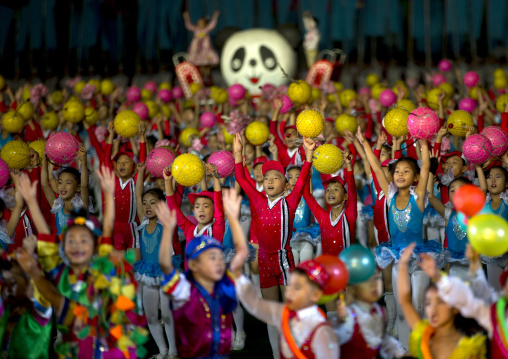 North Korean children performing with balloons during the Arirang mass games in may day stadium, Pyongan Province, Pyongyang, North Korea