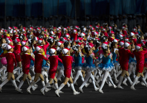 North Korean children performing during the Arirang mass games in may day stadium, Pyongan Province, Pyongyang, North Korea