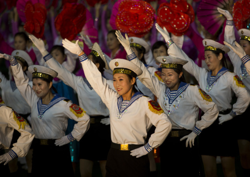 Sexy North Korean women dressed as sailors during the Arirang mass games in may day stadium, Pyongan Province, Pyongyang, North Korea