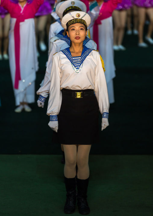 Sexy North Korean women dressed as sailors during the Arirang mass games in may day stadium, Pyongan Province, Pyongyang, North Korea