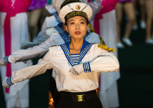 Sexy North Korean women dressed as sailors during the Arirang mass games in may day stadium, Pyongan Province, Pyongyang, North Korea