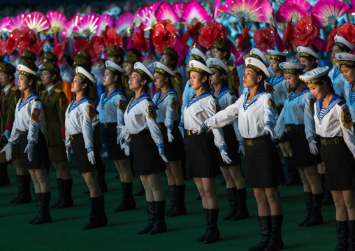 Sexy North Korean women dressed as sailors during the Arirang mass games in may day stadium, Pyongan Province, Pyongyang, North Korea