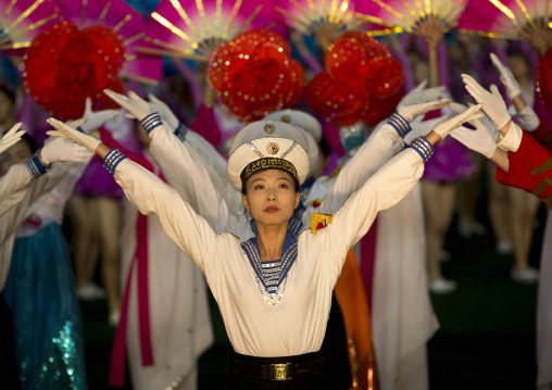 Sexy North Korean women dressed as sailors during the Arirang mass games in may day stadium, Pyongan Province, Pyongyang, North Korea