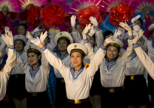 Sexy North Korean women dressed as sailors during the Arirang mass games in may day stadium, Pyongan Province, Pyongyang, North Korea