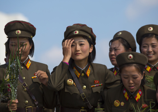 North Korean soldiers women posing for a photo souvenir, Pyongan Province, Pyongyang, North Korea