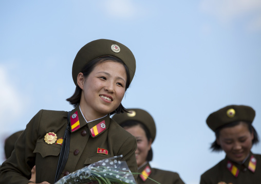 Smiling North Korean female soldiers, Pyongan Province, Pyongyang, North Korea