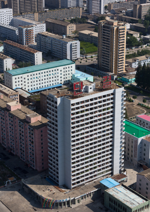 High angle view of buildings in the city center, Pyongan Province, Pyongyang, North Korea