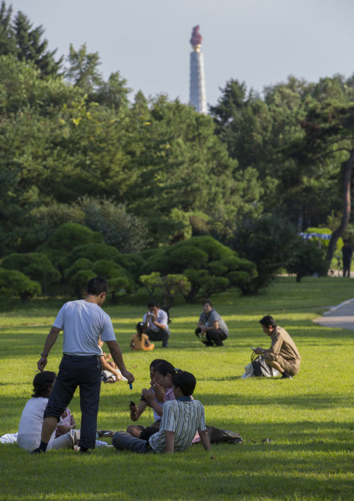 North Korean people having picnic in a park on september 9 day of the foundation of the republic, Pyongan Province, Pyongyang, North Korea