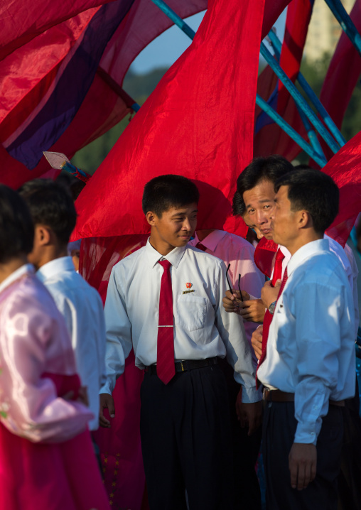 North Korean students during a mass dance performance on september 9 day of the foundation of the republic, Pyongan Province, Pyongyang, North Korea