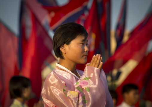 North Korean students during a mass dance performance on september 9 day of the foundation of the republic, Pyongan Province, Pyongyang, North Korea