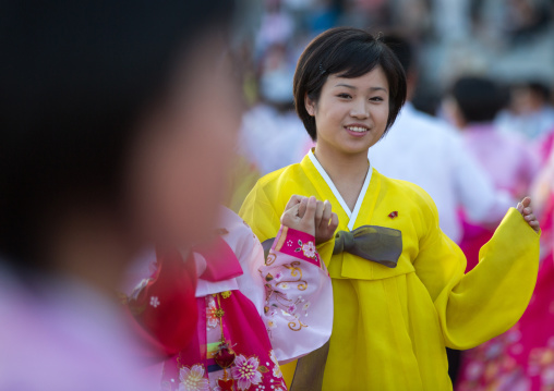 North Korean students during a mass dance performance on september 9 day of the foundation of the republic, Pyongan Province, Pyongyang, North Korea