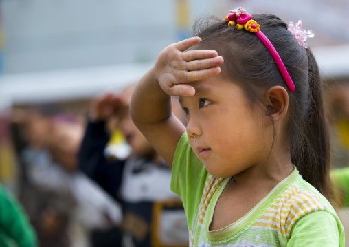 North Korean children making morning gymnastics at school, South Hamgyong Province, Hamhung, North Korea