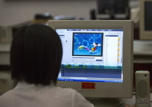 Video editing of Mickey movie in Mangyongdae children's palace, Pyongan Province, Pyongyang, North Korea