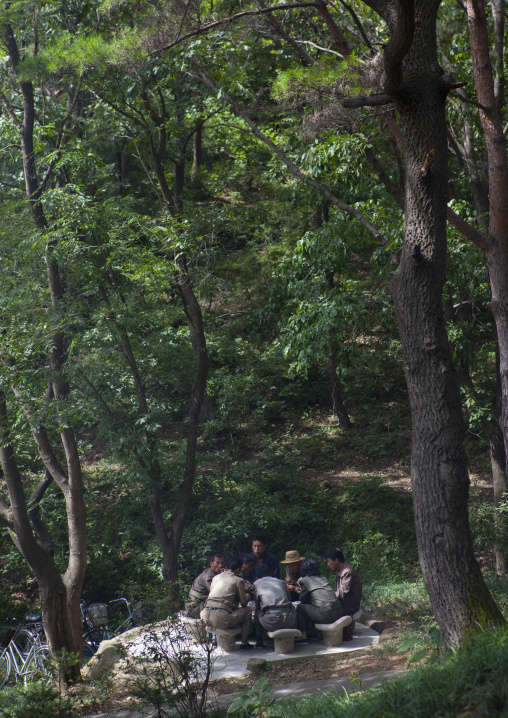 North Korean people enjoying a picnic in a park on a sunday, Pyongan Province, Pyongyang, North Korea