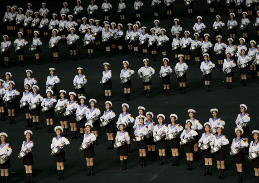 Sexy North Korean women dressed as sailors during the Arirang mass games in may day stadium, Pyongan Province, Pyongyang, North Korea