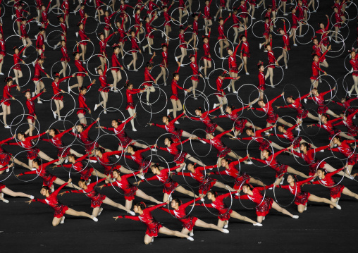 North Korean gymnasts performing during the Arirang mass games in may day stadium, Pyongan Province, Pyongyang, North Korea