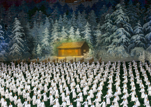 North Korean dancers performing in front of Kim Jong il native house during Arirang mass games in may day stadium, Pyongan Province, Pyongyang, North Korea