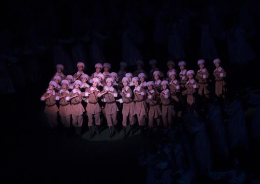 North Korean women dressed as soldiers during the Arirang games in may day stadium, Pyongan Province, Pyongyang, North Korea