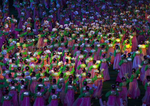 North Korean women dancing in choson-ot during the Arirang mass games in may day stadium, Pyongan Province, Pyongyang, North Korea