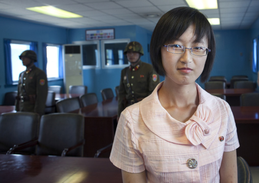 North Korean guide in the conference room of the United Nations on the demarcation line in the Demilitarized Zone, North Hwanghae Province, Panmunjom, North Korea