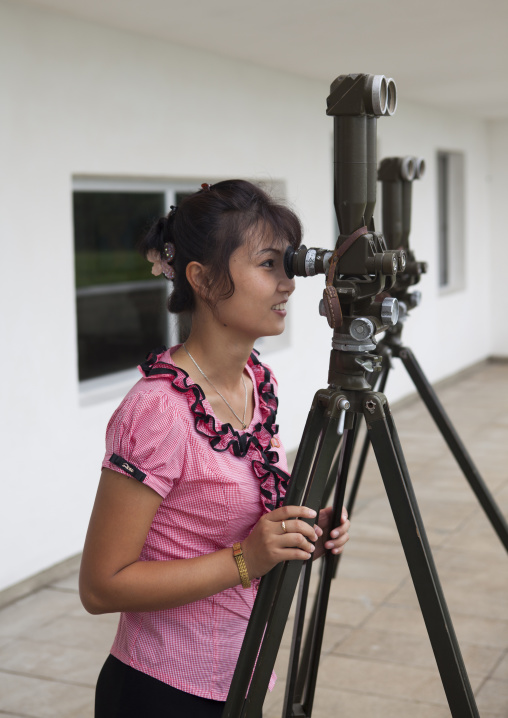 North Korean guide looking at south Korea from the wall section of the Demilitarized Zone, North Hwanghae Province, Panmunjom, North Korea