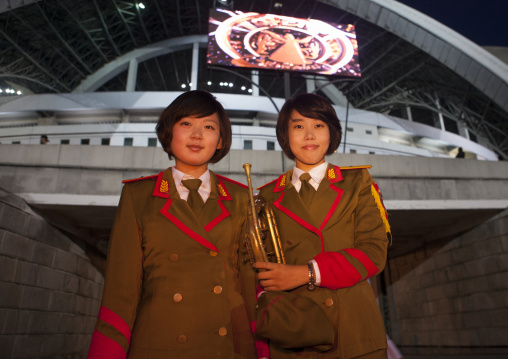 North Korean military musicians before the Arirang mass games outside of may day stadium, Pyongan Province, Pyongyang, North Korea