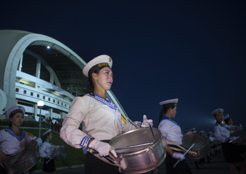 Sexy North Korean women dressed as sailors during the Arirang mass games in may day stadium, Pyongan Province, Pyongyang, North Korea