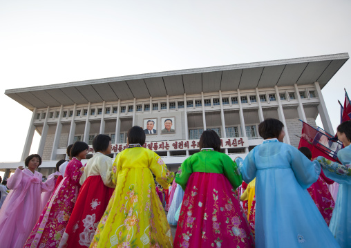 North Korean students during a mass dance performance on september 9 day of the foundation of the republic, Pyongan Province, Pyongyang, North Korea