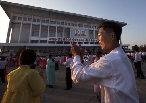 North Korean students during a mass dance performance on september 9 day of the foundation of the republic, Pyongan Province, Pyongyang, North Korea