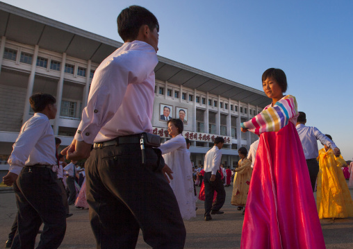 North Korean students during a mass dance performance on september 9 day of the foundation of the republic, Pyongan Province, Pyongyang, North Korea