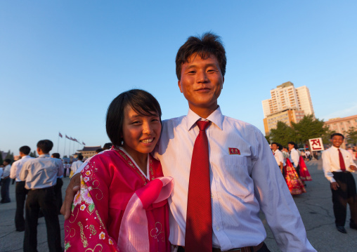 North Korean students during a mass dance performance on september 9 day of the foundation of the republic, Pyongan Province, Pyongyang, North Korea