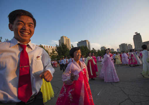 North Korean students during a mass dance performance on september 9 day of the foundation of the republic, Pyongan Province, Pyongyang, North Korea
